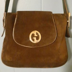 Vintage Gucci GG 70s Brown Suede Shoulder Bag Italy